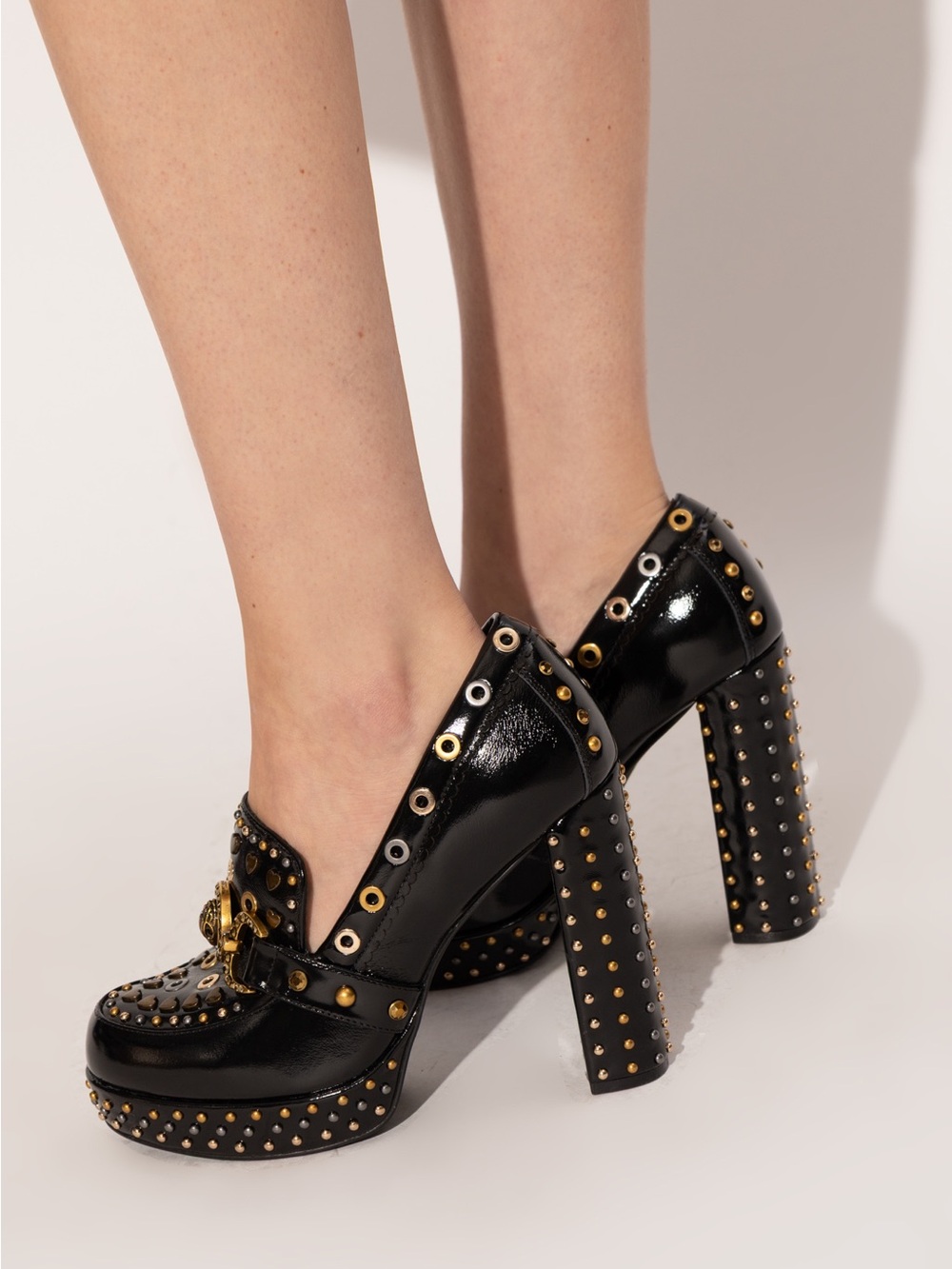 NWT Kurt Geiger Black Patent Loafers with Gold Heart Stud & Grommet Detail Sz 40 - Picture 7 of 15